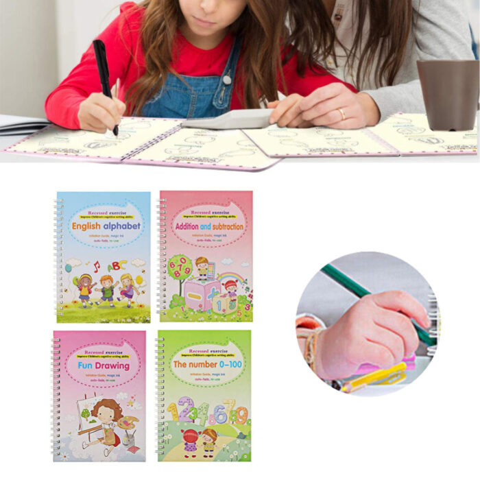 Pack of 4 Children Writing Paste Calligraphy Handwriting Reusable Magic Practice Copybook with 10 Refills - Image 2